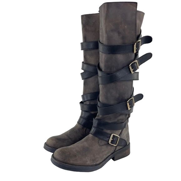 Steve Madden Bryannt Belted Dark Gray & Black Distressed Knee Boots 8 - Picture 2 of 13